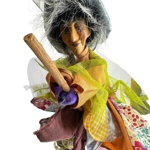 Handmade Folk Art Witch Doll Flying Broomstick Patchwork Fabric Doll OOAK